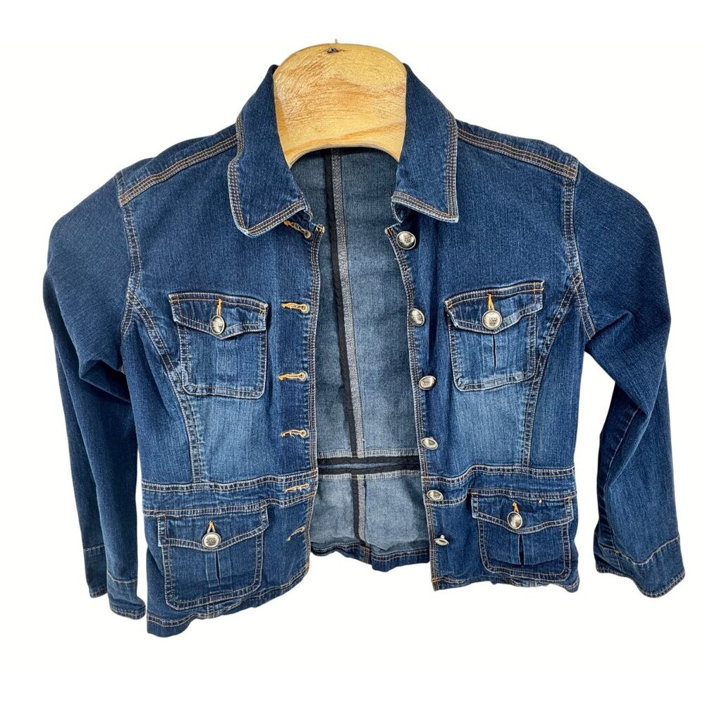 Chicos Platinum Denim Jacket Size 1 Medium Blue Cotton Blend